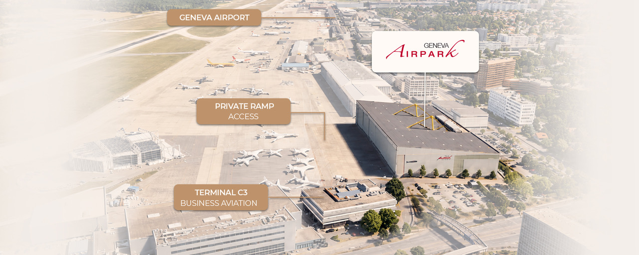 Aerial map of Geneva Airport showing the Geneva Airpark hangar, its private ramp access and Terminal C3 for business aviation.
